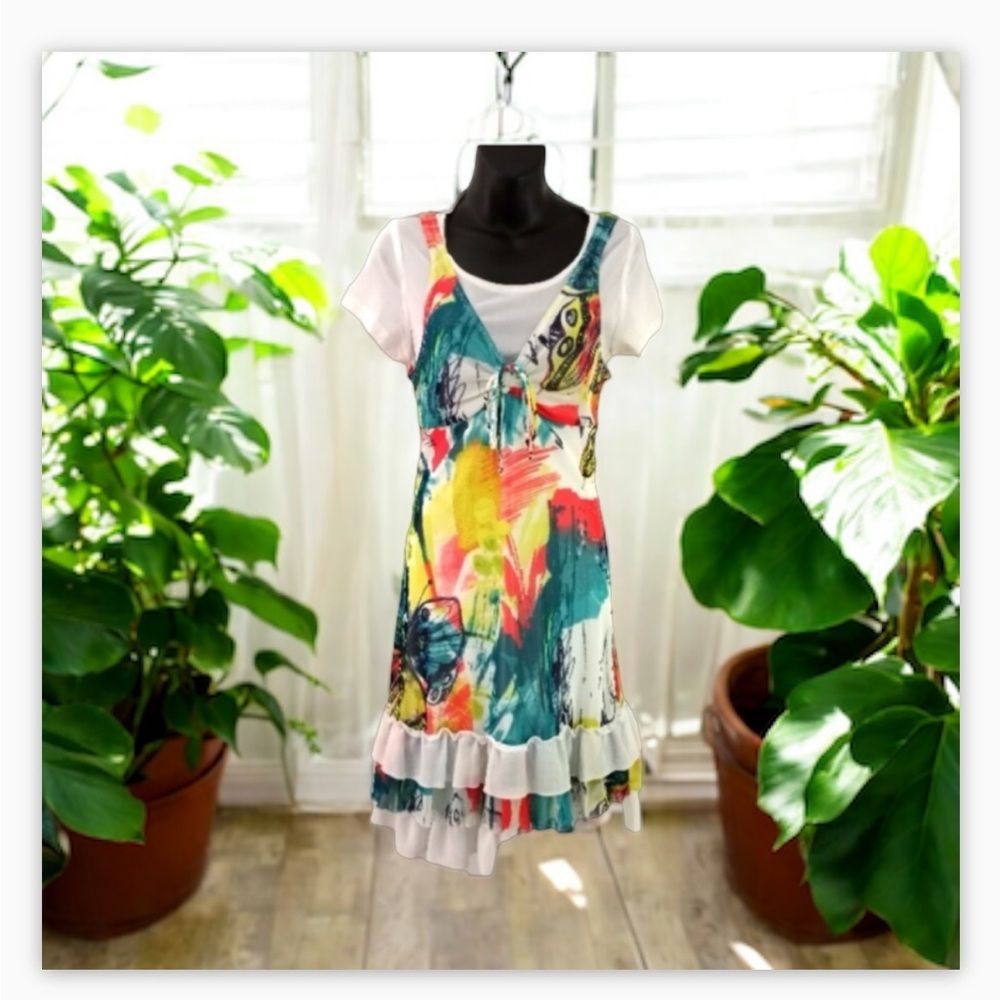VTG-Y2K-Mesh Overlay Layered Tiered Floral dress -twofer-Sz S-coquette -EUC🌸 - Picture 3 of 13